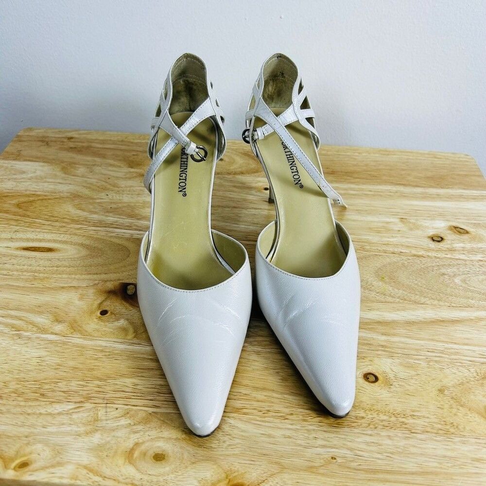 Worthington Womens White Pointed Toe Ankle Strap Heels Size 6.5